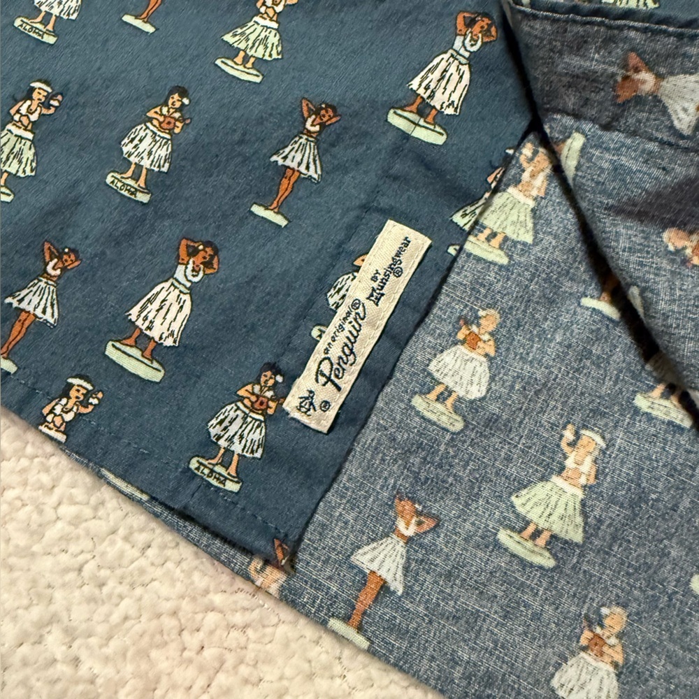 Penguin Blue Hula Dancer Patterned Short Sleeve Button Front Collared Shirt Mens - Picture 3 of 11